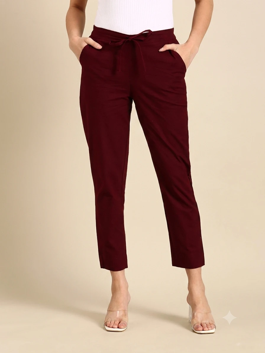 Plazo Pants Women's Maroon Pure Cotton Tapered Trousers with Front Tie-Up Waistband & Side Pockets