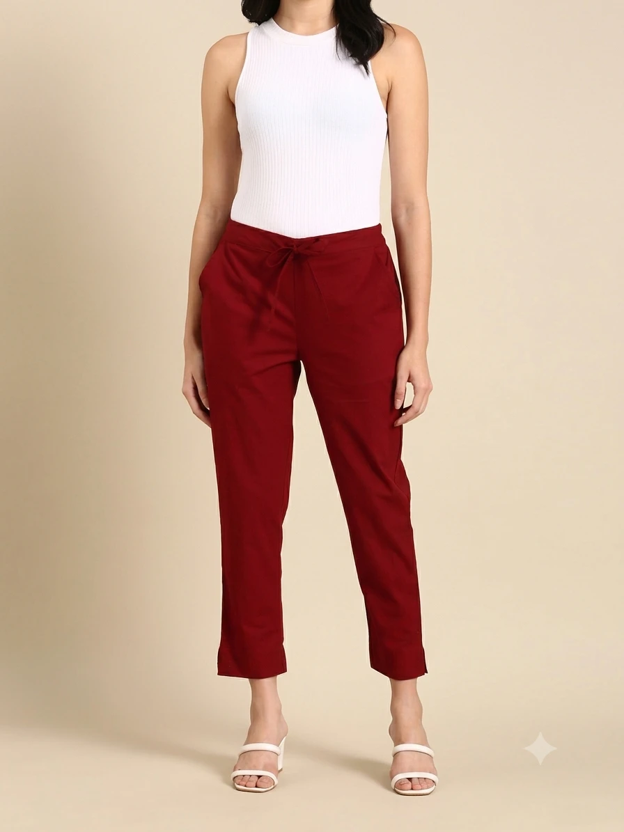 Plazo Pants Women's Deep Maroon Pure Cotton Tapered Trousers with Front Drawstring Waist & Side Pockets