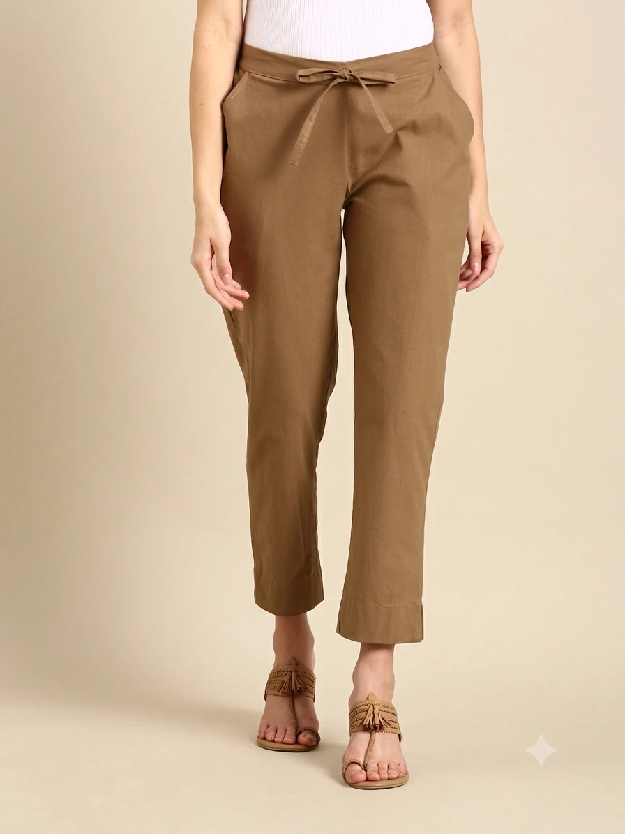 Plazo Pants Women's Warm Olive-Brown Pure Cotton Tapered Trousers with Front Drawstring Waist & Side Pockets