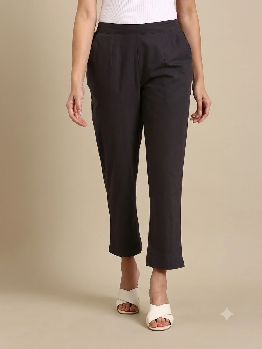 Plazo Pants Women's Dark Grey Pure Cotton Flat-Front Tapered Trousers with Side Pockets