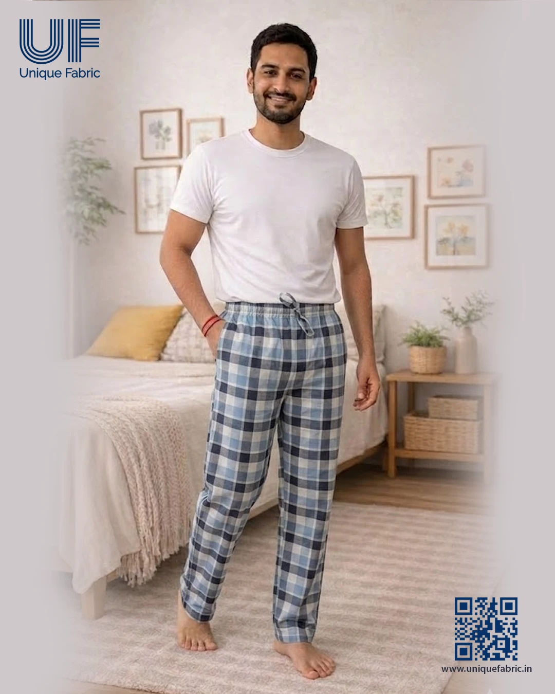 Men's Regular Fit Premium Lower Pyjama, Comfortable Day & Night Bottom Sleepwear, Blue Check 100% Pure Cotton, Soft & Breathable Eco-Friendly Twill Fabric, Casual Style Regular Fit With Elasticated Waistband with Drawstring, Side & Back Pocket