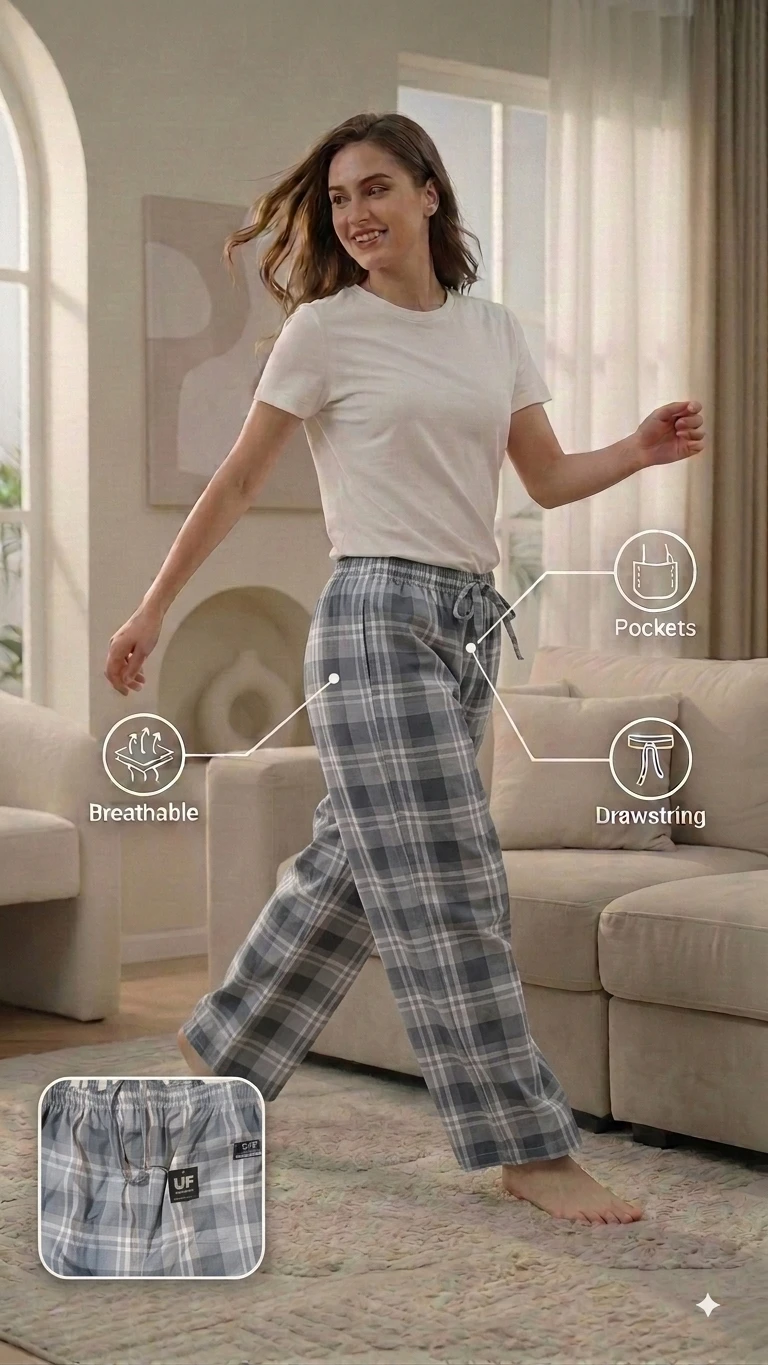 Women's Regular Fit Premium Lower Pyjama, Comfortable Day & Night Bottom Sleepwear, Grey Check 100% Pure Cotton, Soft & Breathable Eco-Friendly Oxford Fabric, Casual Style Regular Fit With Elasticated Waistband with Drawstring, Side & Back Pocket