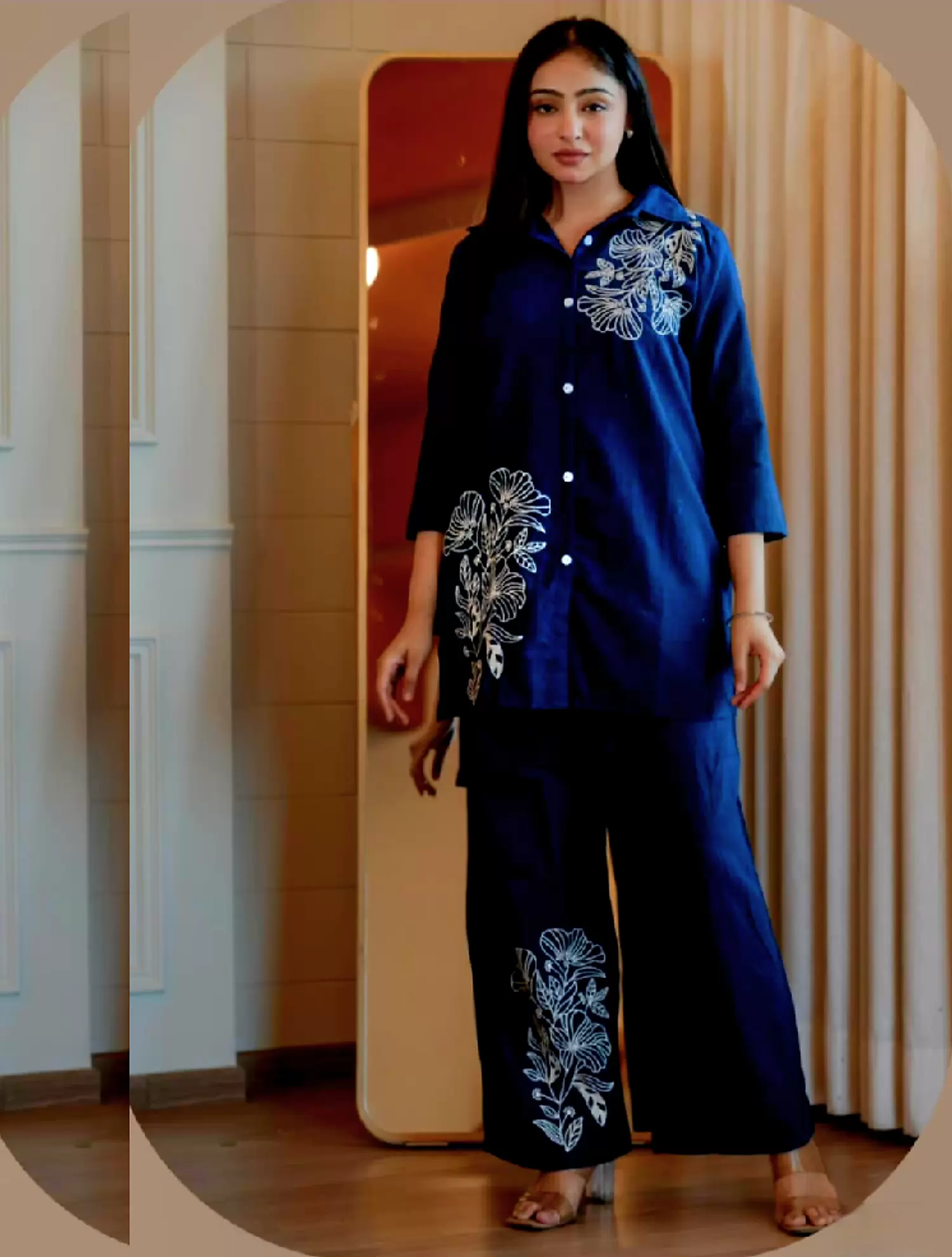 Pure Slub Cotton Co Ord Set With Beautiful Embroidery, Solid Royal Blue Color 100% Pure Slub Cotton, Co Ord Set, Top as well as bottom