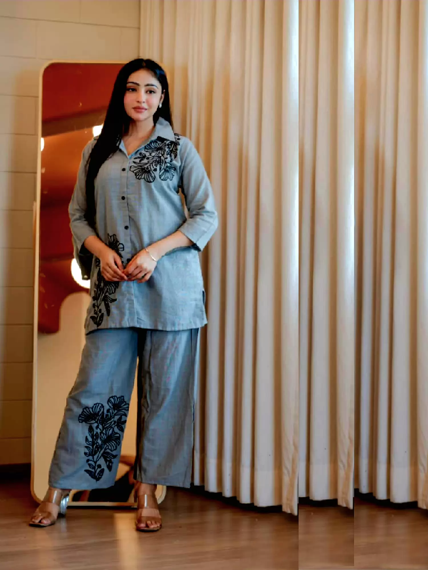 Pure Slub Cotton Co Ord Set With Beautiful Embroidery, Solid Steel Grey Color 100% Pure Slub Cotton, Co Ord Set, Top as well as bottom