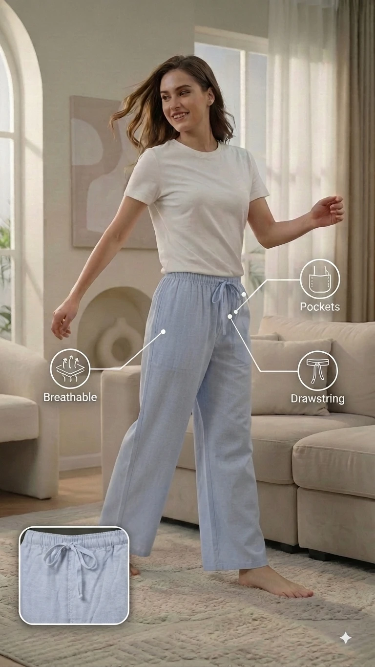 Women 's Regular Fit Premium Lower Pyjama, Comfortable Day & Night Bottom Sleepwear, Plain Light Blue 100% Pure Cotton, Soft & Breathable Eco-Friendly Twill Fabric, Casual Style Regular Fit With Elasticated Waistband with Drawstring, Side Pockets