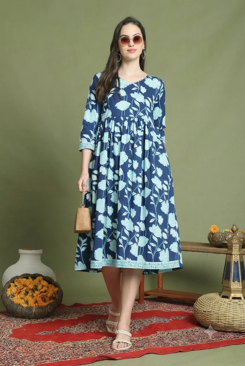 Vibrant Blue Floral Printed Cotton Flared Tunic Dress
