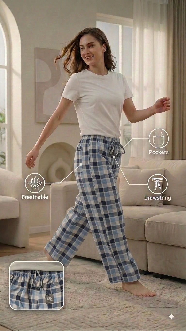 Women's Regular Fit Premium Lower Pyjama, Comfortable Day & Night Bottom Sleepwear, Blue Check 100% Pure Cotton, Soft & Breathable Eco-Friendly Twill Fabric, Casual Style Regular Fit With Elasticated Waistband with Drawstring, Side & Back Pocket