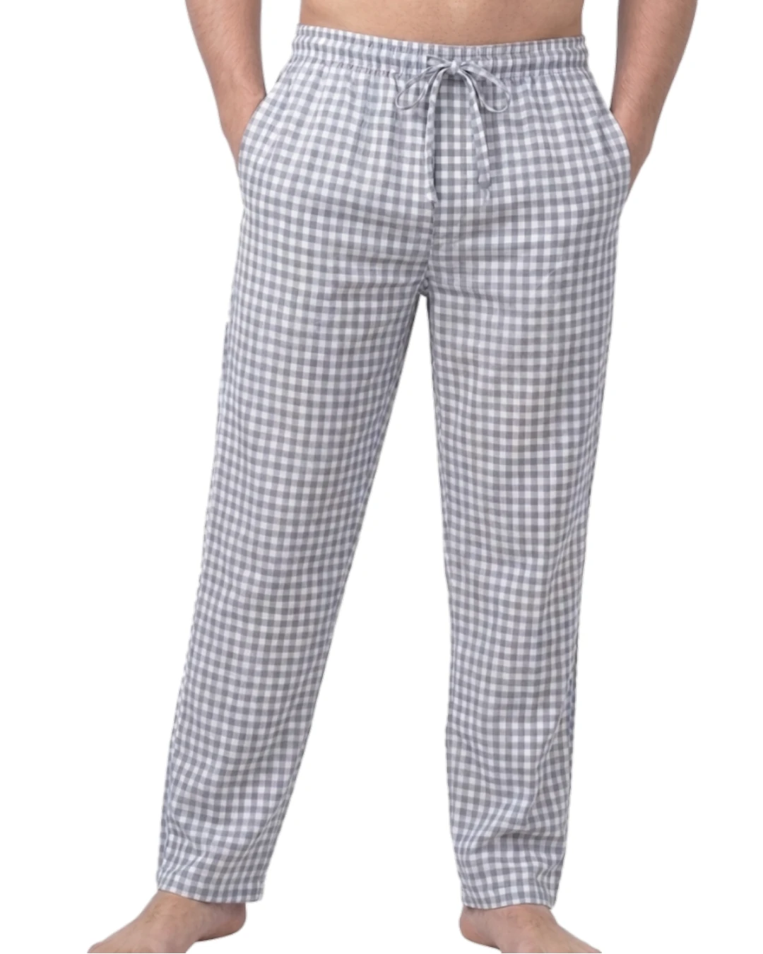 Men's Regular Fit Premium Lower Pyjama, Comfortable Day & Night Bottom Sleepwear, Small White Blue Check 100% Pure Cotton, Soft & Breathable Eco-Friendly Oxford Fabric, Casual Style Regular Fit With Elasticated Waistband with Drawstring, Side & Back Pocke