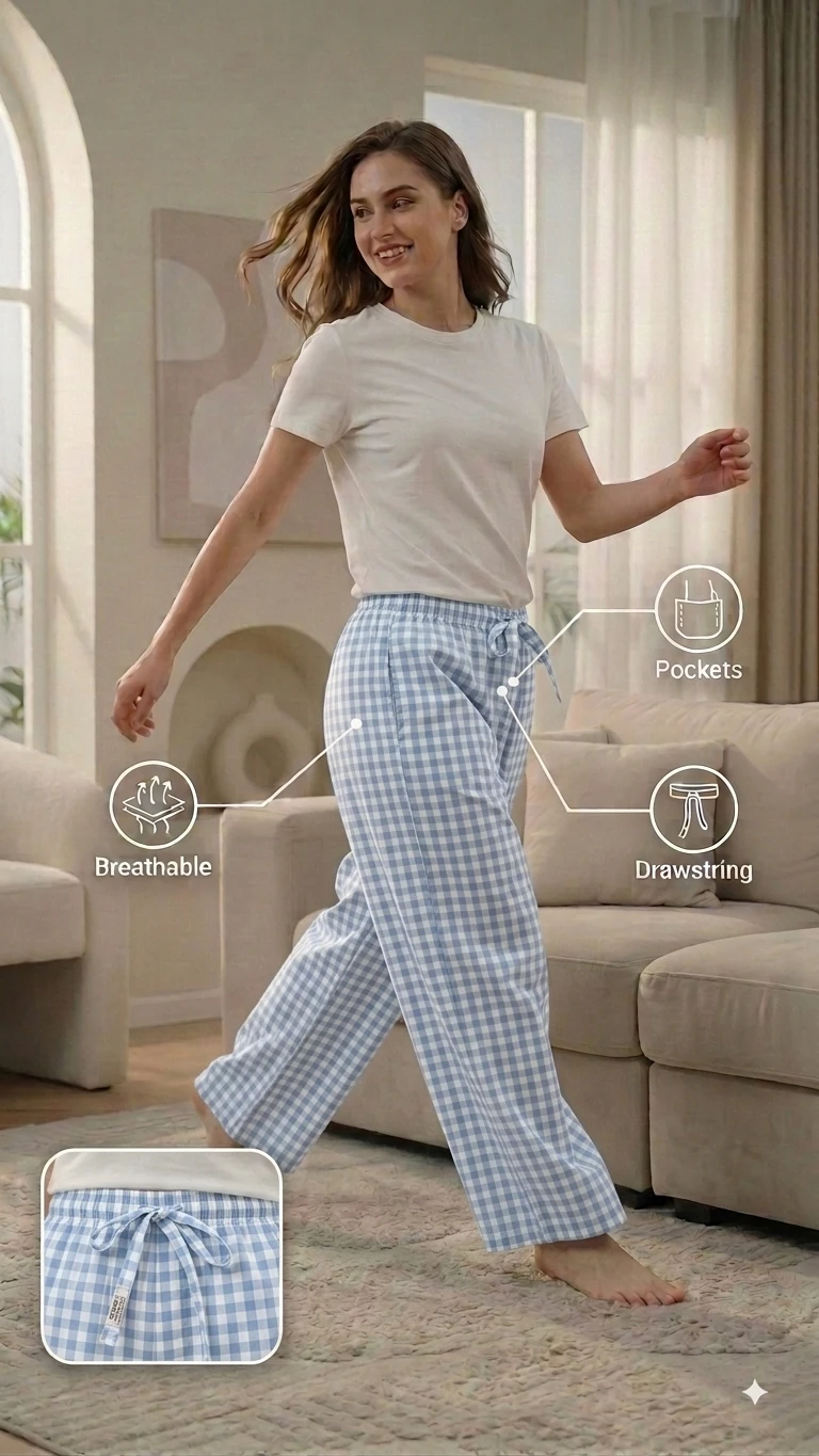 Women's Regular Fit Premium Lower Pyjama, Comfortable Day & Night Bottom Sleepwear, Small White Blue Check 100% Pure Cotton, Soft & Breathable Eco-Friendly Oxford Fabric, Casual Style Regular Fit With Elasticated Waistband with Drawstring, Side & Back Poc