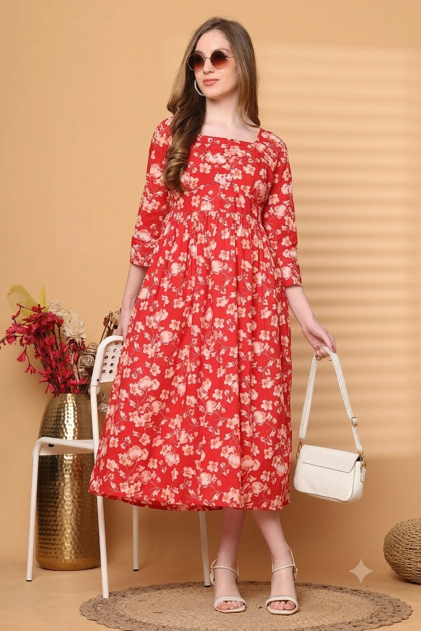 Bright Red Floral Cotton Mid-Length Tunic Dress