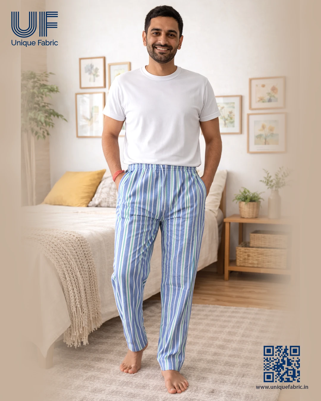 Men's Regular Fit Premium Lower Pyjama, Comfortable Day & Night Bottom Sleepwear, Multi colour Green Line100% Pure Combed Cotton, Soft & Breathable Eco-Friendly Oxford Fabric, Casual Style Regular Fit With Elasticated Waistband with Drawstring, Side & Bac