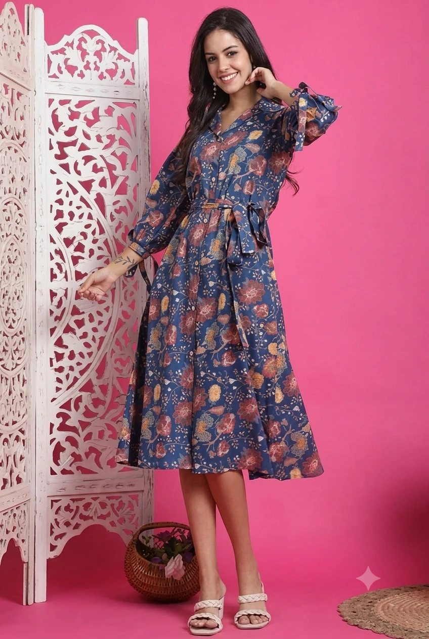 Blue Floral Printed Cotton Shirt Dress Tunic with Belt