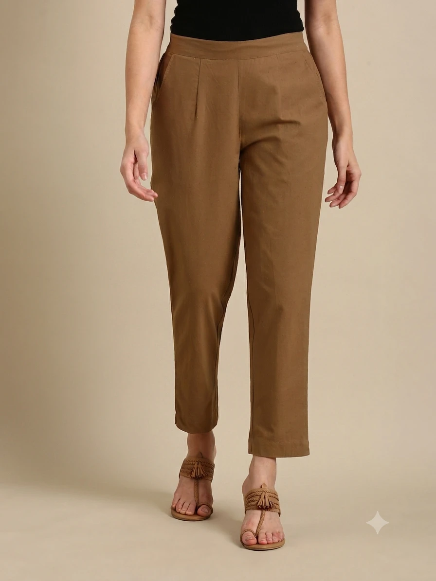 Plazo Pants Women's Warm Olive-Brown Pure Cotton Flat-Front Tapered Trousers with Side Pockets