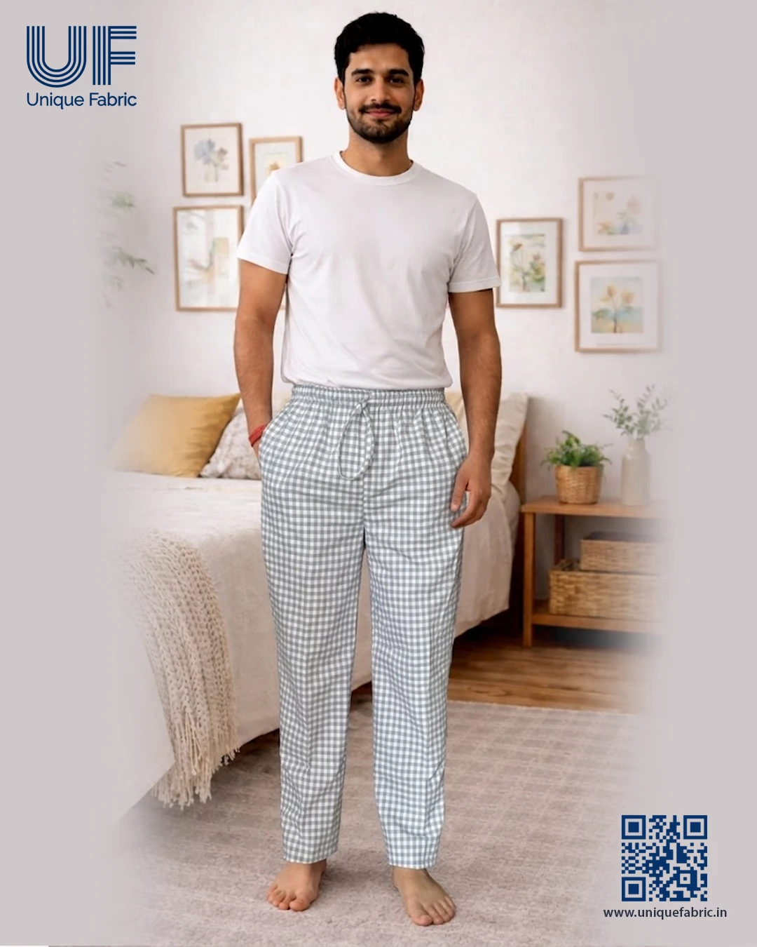 Men's Regular Fit Premium Lower Pyjama, Comfortable Day & Night Bottom Sleepwear, Small White Blue Check 100% Pure Cotton, Soft & Breathable Eco-Friendly Oxford Fabric, Casual Style Regular Fit With Elasticated Waistband with Drawstring, Side & Back Pocke