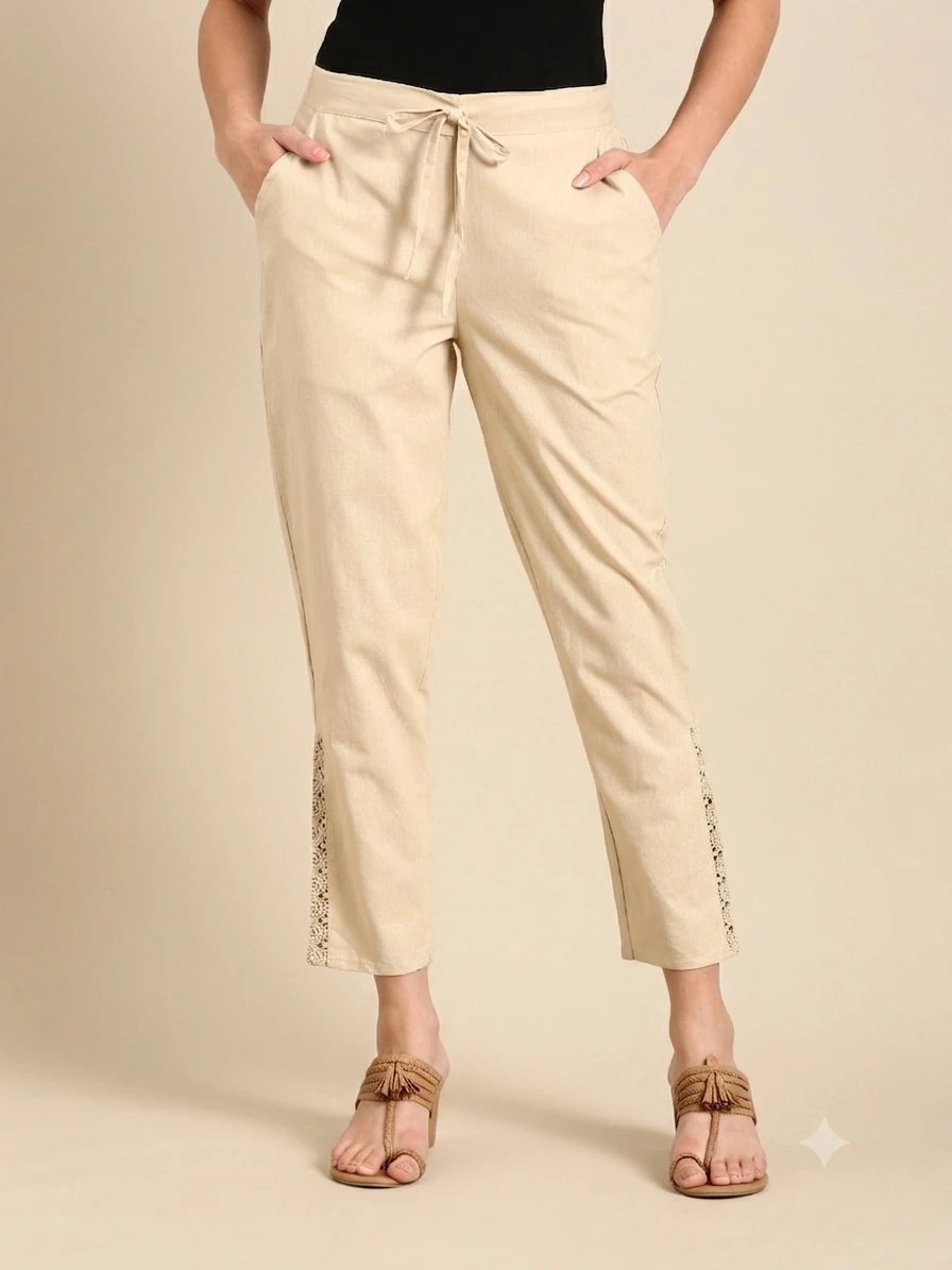Plazo Pants,Women's Light Beige Pure Cotton Tapered Trousers with Side Lace Accents & Drawstring Waist