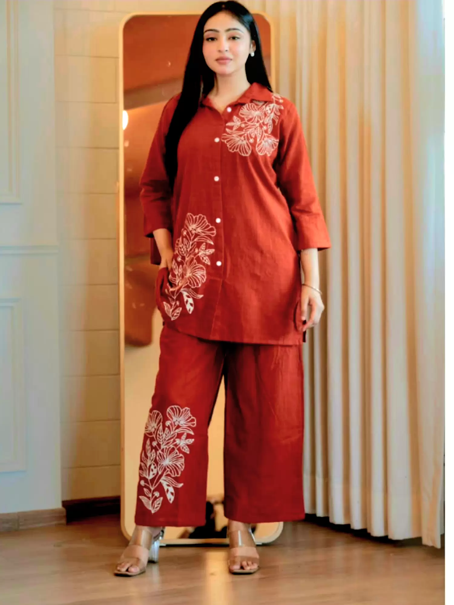 Pure Slub Cotton Co Ord Set With Beautiful Embroidery, Solid Rust Orange Color 100% Pure Slub Cotton, Co Ord Set, Top as well as bottom